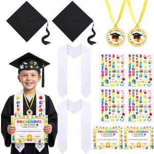 Wehhbtye 12 Pcs 2026 Preschool Kindergarten Graduation Cap Stole Iron on Letter Set, Preschool Graduation Cap Stole Decoration Includes Iron on Letters Certificate Medal for Kids Students DIY Craft