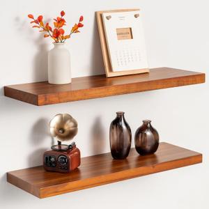 24 Inch Teak Floating Shelves Set of 2 - Solid Natural Wood Wall Mounted Shelves with Invisible Brackets - Heavy Duty Waterproof Storage for Bathroom, Kitchen, Living Room & Outdoor