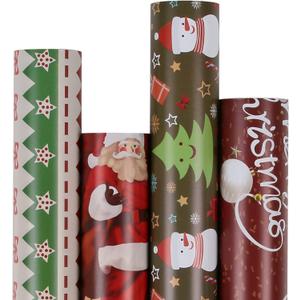 Aimyoo Red and Green Christmas Wrapping Paper Bundle, Vintage Kids Xmas Gift Wrap Paper Set of 4, 17 in x 16 ft per Roll, Stripe Santa Snowman Tree Merry Christmas Letters Design