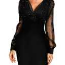 CHICME Women's Glitter Party Dress V-Neck Mesh Sheer Lantern Sleeve Mini Dresses Zipper Back Slim Fit Evening Dress, Size L