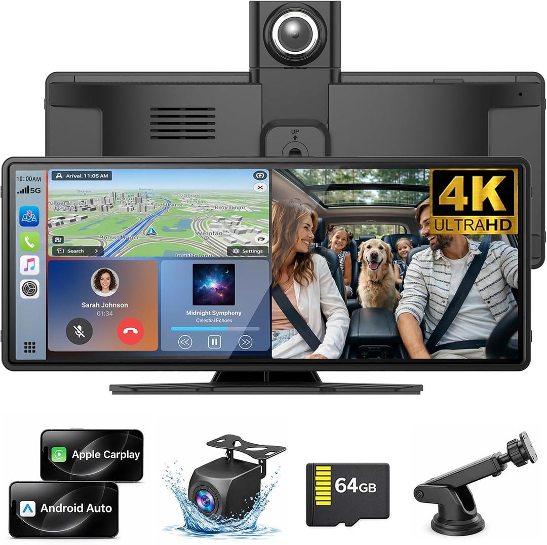 Wireless Carplay Screen for Car,10.26" Portable Apple Carplay and Android auto4K Dash Cam with Rotatable Lens, 1080P Backup Camera, GPS Navigation, Mirror Link, Siri & Voice Control