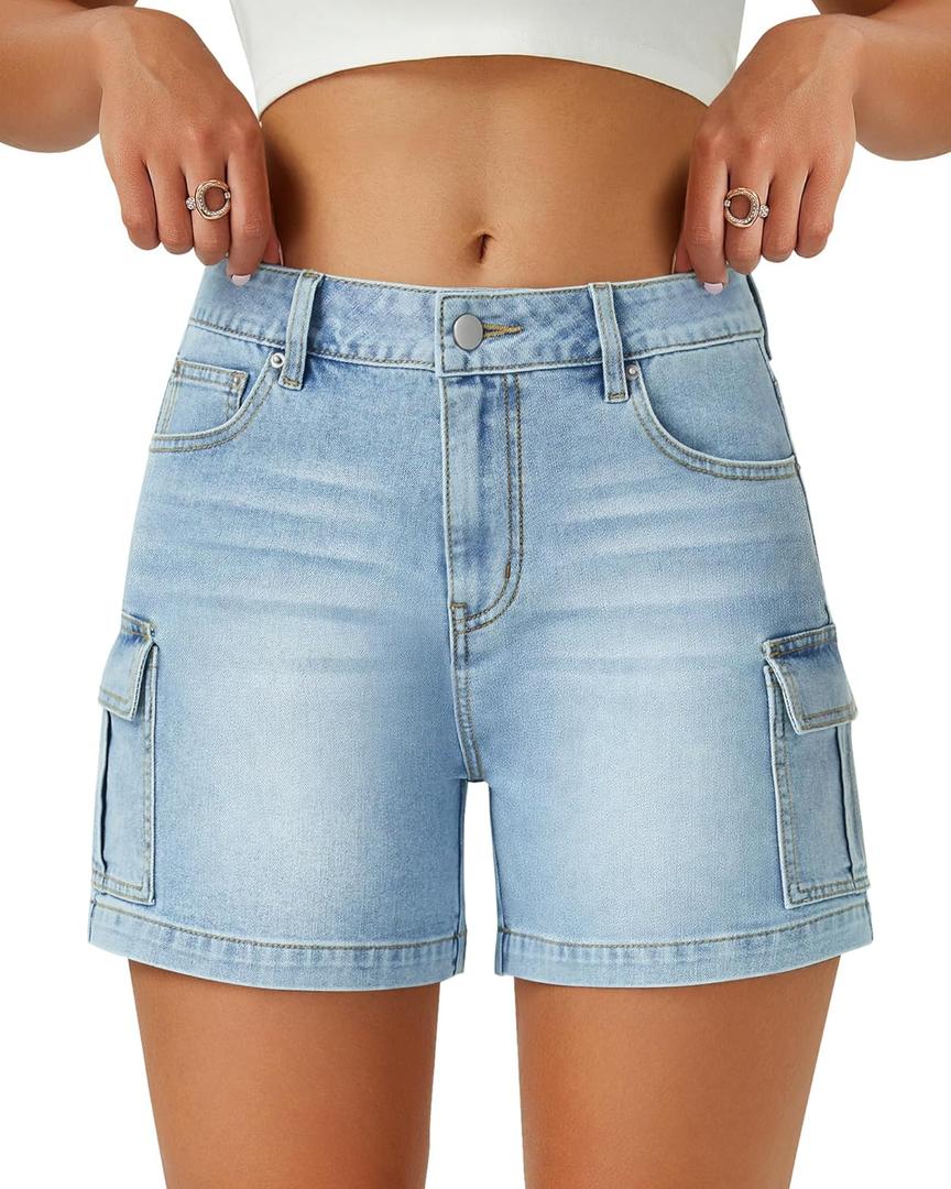 AUWUKA Womens Cargo Jean Shorts High Waisted Microelastic Straight Leg Long Denim Mom Shorts (Blue)