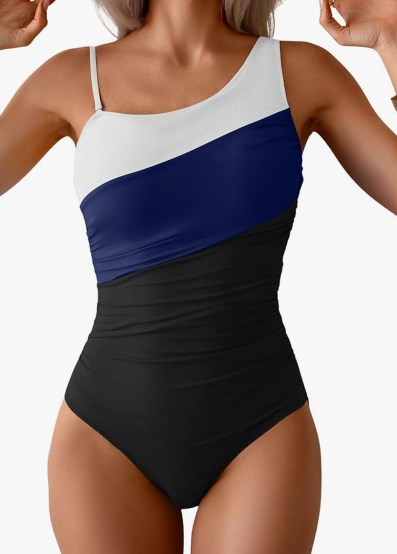 One Shoulder One Piece Swimsuit for Women Tummy Control Bathing Suits Color Block Ruched Swim Suit Slimming Swimwear Large