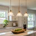 1-Light Brass Gold Vintage Pendant Light, Flower Glass Shade Adjustable Height Hanging Light Fixture, E26 Base Retro Farmhouse Pendant Lighting for Kitchen Island Dining Room Bedroom Bathroom, Medium