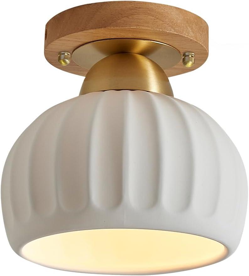 Ceramic Semi Flush Mount Ceiling Light Fixture, Wood Brass Base Hallway Light Fixture Modern Small Ceiling Light for Bedroom Dining Room Kitchen Entryway Porch Foyer Hall