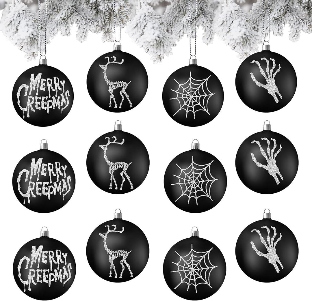 Syhood 12 Pcs 3.15 Inches Horror Gothic Creepy Christmas Tree Decorations Black and White Spooky Christmas Ball Bulk Modern Hanging Ornaments for Xmas Trees Holiday Decor
