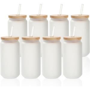 PYD Life 8 Pack Sublimation Glass Cans Blanks Frosted Bulk18 OZ with Bamboo Lid and Clear Glass Straw Beer Cans Wide Mouth Jar Tumbler Cups Mugs for Iced Coffee,Juice,Soda,Drinks,Beer