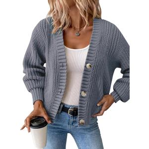 Women’s Chunky Knit Cardigan – Waffle Knit Button Down Oversized V Neck Fall Sweater for Casual Layering (Gray, M)