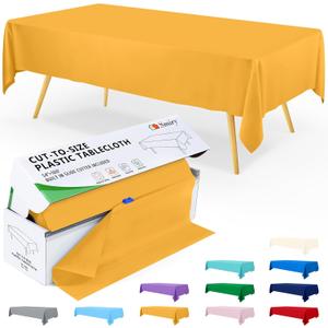 Smiry 54 Inch x 100 Feet Disposable Table Cover Roll, Mustard Yellow Plastic Table Cloth in Cut-to-Size Box with Slide Cutter, Waterproof Rectangle Tablecloths for Weddings, Banquets, Outdoor