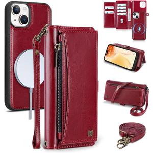 Wallet Case for iPhone 15 with Card Holder/Crossbody Wallet/Strap| RFID Blocking | Magnetic | Kickstand | Detachable | PU Leather Phone Case for iPhone 15,6.1 in,Wine Red