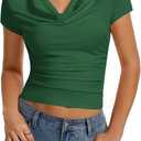 Women's Cowl Neck Tops Short Sleeve Slim Fit Ruched T-Shirts Summer Casual Dressy Business Blouses Going Out Top Green (Green, M)