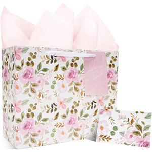 LaRibbons 13" Large Wedding Gift Bag, Bridal Shower Gift Bag with Tissue Paper and Greeting Card, Pink Watercolor Roses Design, Perfect for Mother's Day, Bride, Bridesmaids, Anniversary, Engagement Gifts