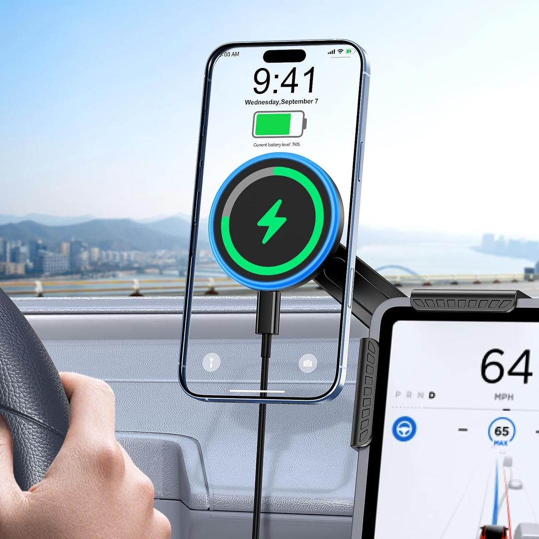 Tesla Car Mount Charger, [Heat Restriction] [LED RGB HandsFree] Wireless Car Phone Holder Charger, Magnetic Phone Holders for Your Car for Tesla Model Y/3/S/X Screen for 17/16/15/14/13/12 Series (Black)