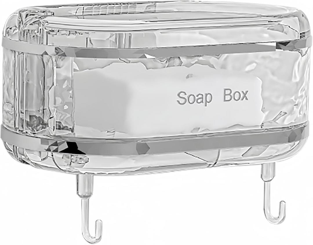 Soap Holder with Hooks, Rotating 1-Layer Soap Holder with Self Draining, Wall Mounted No Drilling Soap Dish for Shower, Kitchen, Bathroom