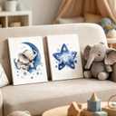 DULASI Set of 3 Gallery Wrapped Canvas Prints, Baby Boy Nursery Decor, Watercolor Moon Star Elephant Wall Art, Ready to Hang Nursery Decorations, Blue Kids Room Wall Art Blue Elephant, 16x24in - Wrapped Canvas