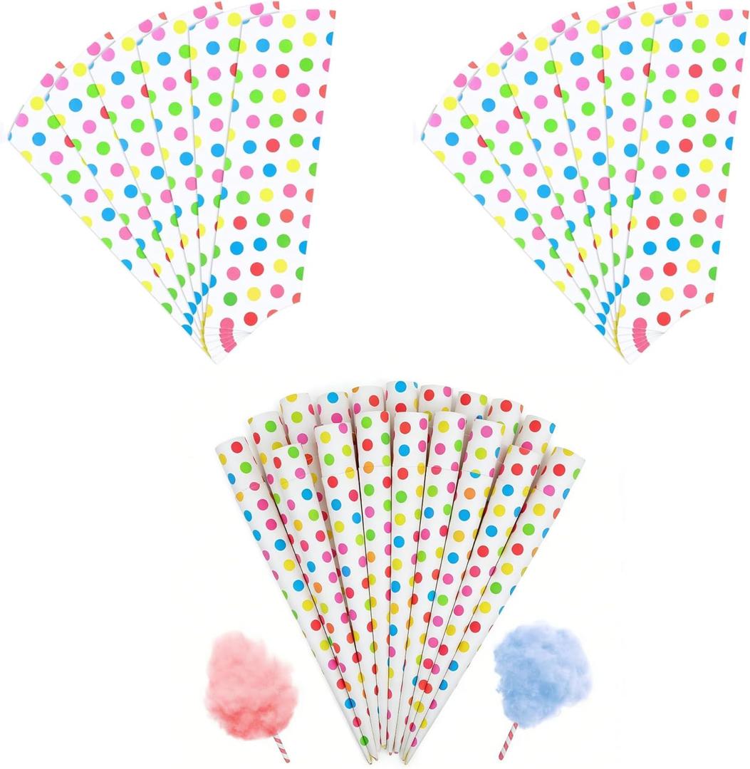 100 Packs Paper Cotton Candy Cones, Kraft Paper Sticks for Floss Sugar, Carnival Treats, Cotton Candy Making Supplies for Christmas Birthday Holiday Indoor Outdoor Activities(Polka Dots)