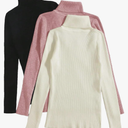 WDIRARA Women's 3Pcs Textured Turtleneck Ribbed Sweater Stretch Long Sleeve Casual Slim Fit Sweater Tops Size Medium