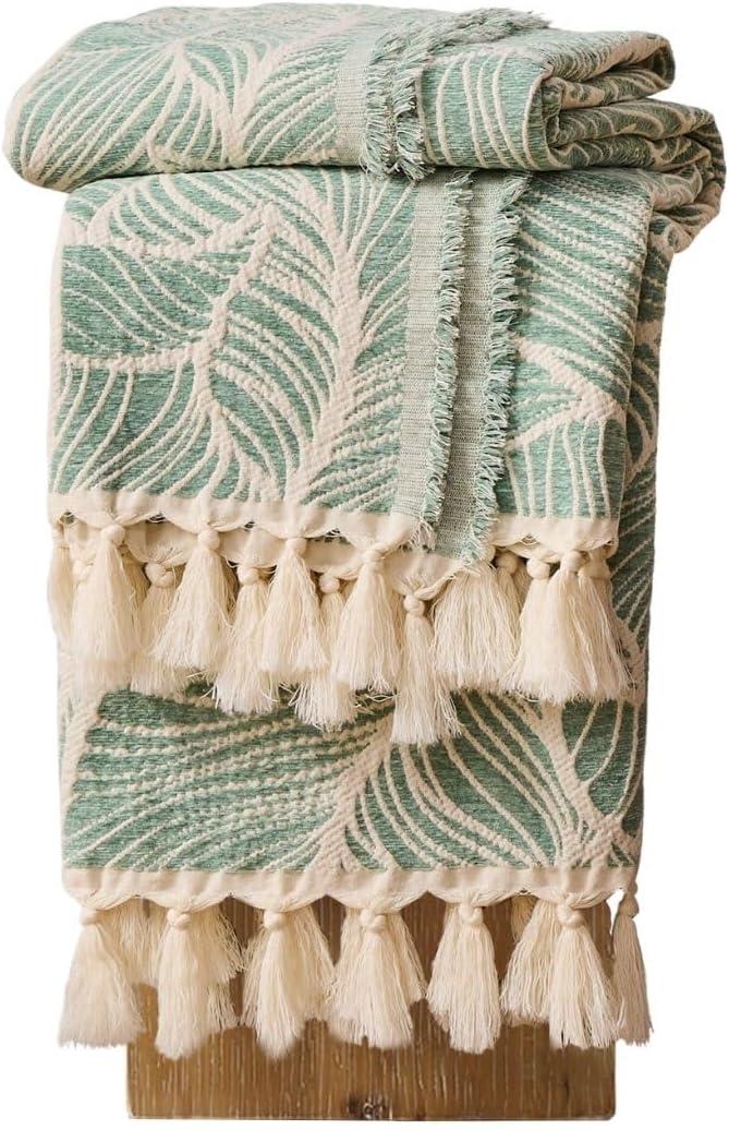 DOWN HOME Chenille Cotton Throw Blanket for Couch, Lightweight Boho Blanket for Bed Sofa Chair Living Room Outdoor Soft Woven Decorative Blanket with Tassel Gift Green Leaves 50"x70"