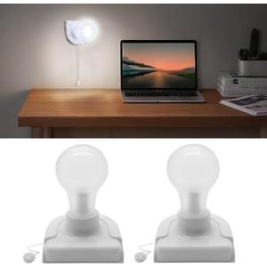 Battery Operated Light Bulb with Pull Chain, 2 Pack Wireless Stick-Up LED Closet Light Bulb, Self Adhesive Wall Mounted Light Fixture for Cabinet Bedroom Living Room Kitchen, Clear Cover