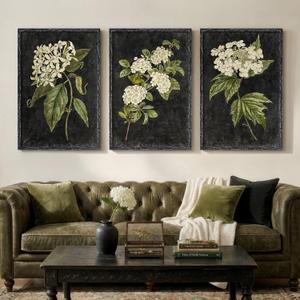 Vintage Framed Hydrangea Floral Wall Art for Living Room, 3 Piece Large Retro Botanical Canvas Print Paintings, Dark Black Classic Flower Pictures Artwork Decor for Bedroom Hallway 24x36 Inch