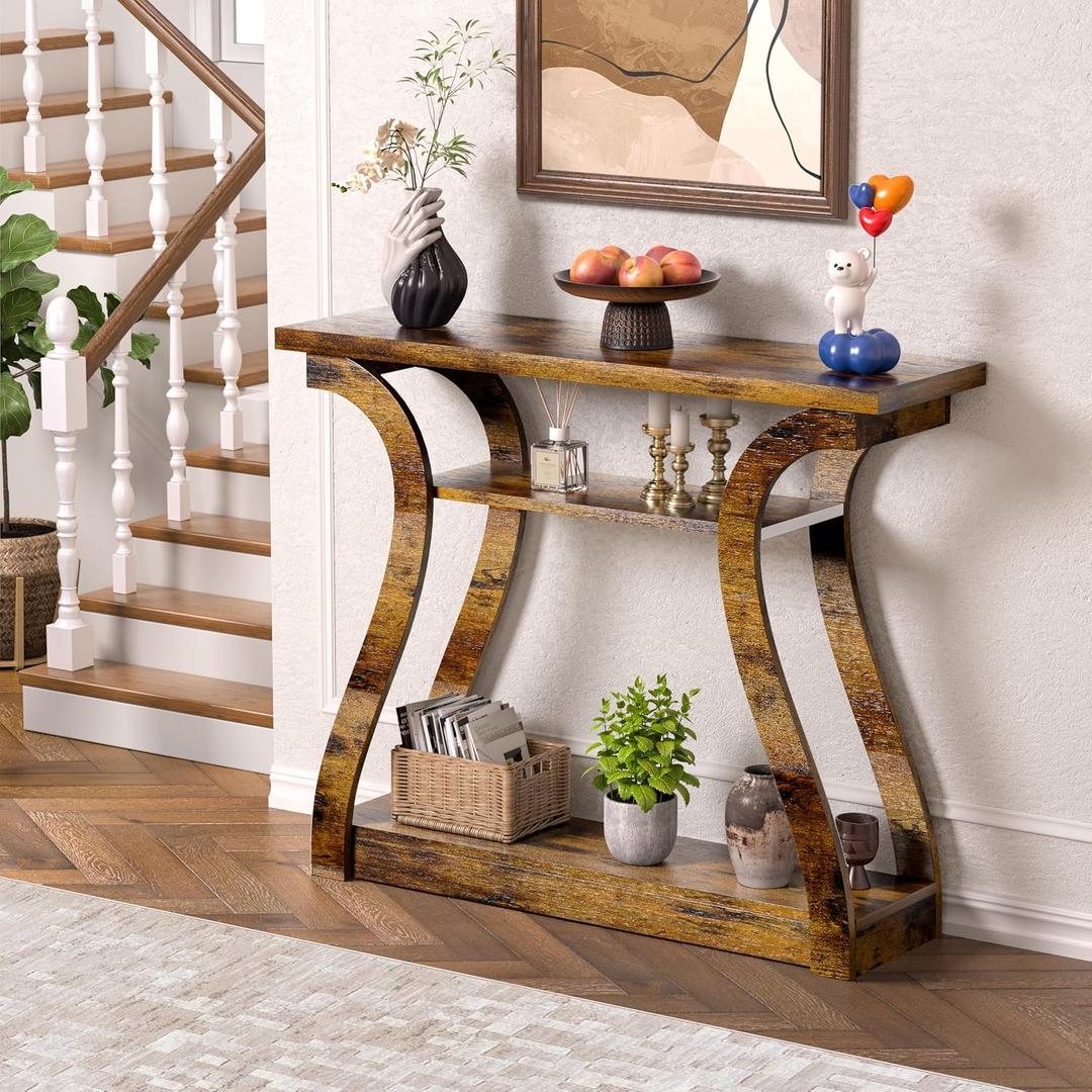 Wooden Console Table with Curved Legs and Shelf, 3-Tier Modern Accent Narrow Sofa Table for Entrance Area, Living Room, Hallway, 47 in Wide Wood Console Table for Entryway (Retro)