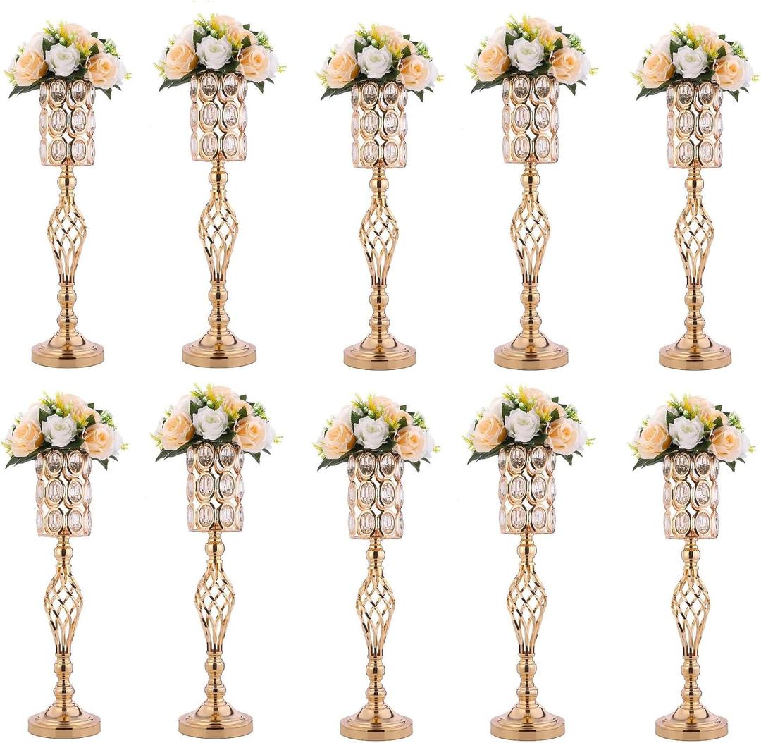 Set of 10 Metal Diamond Crystal Wedding Centerpiece Vases for Tables, 24in Gold Versatile Tall Flower Holders Centerpiece Flower Stands for Wedding Party Reception Dining Room Living Room Décor, Large