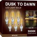 UNILAMP Dusk to Dawn LED Outdoor Light Bulb, Candelabra Light Bulbs Outdoor, 5W Equivalent 40W, 3000K Warm White, 500LM, Edison E12 Base B11, Photocell Sensor for Porch Sconces Patio Garage, 6 Pack