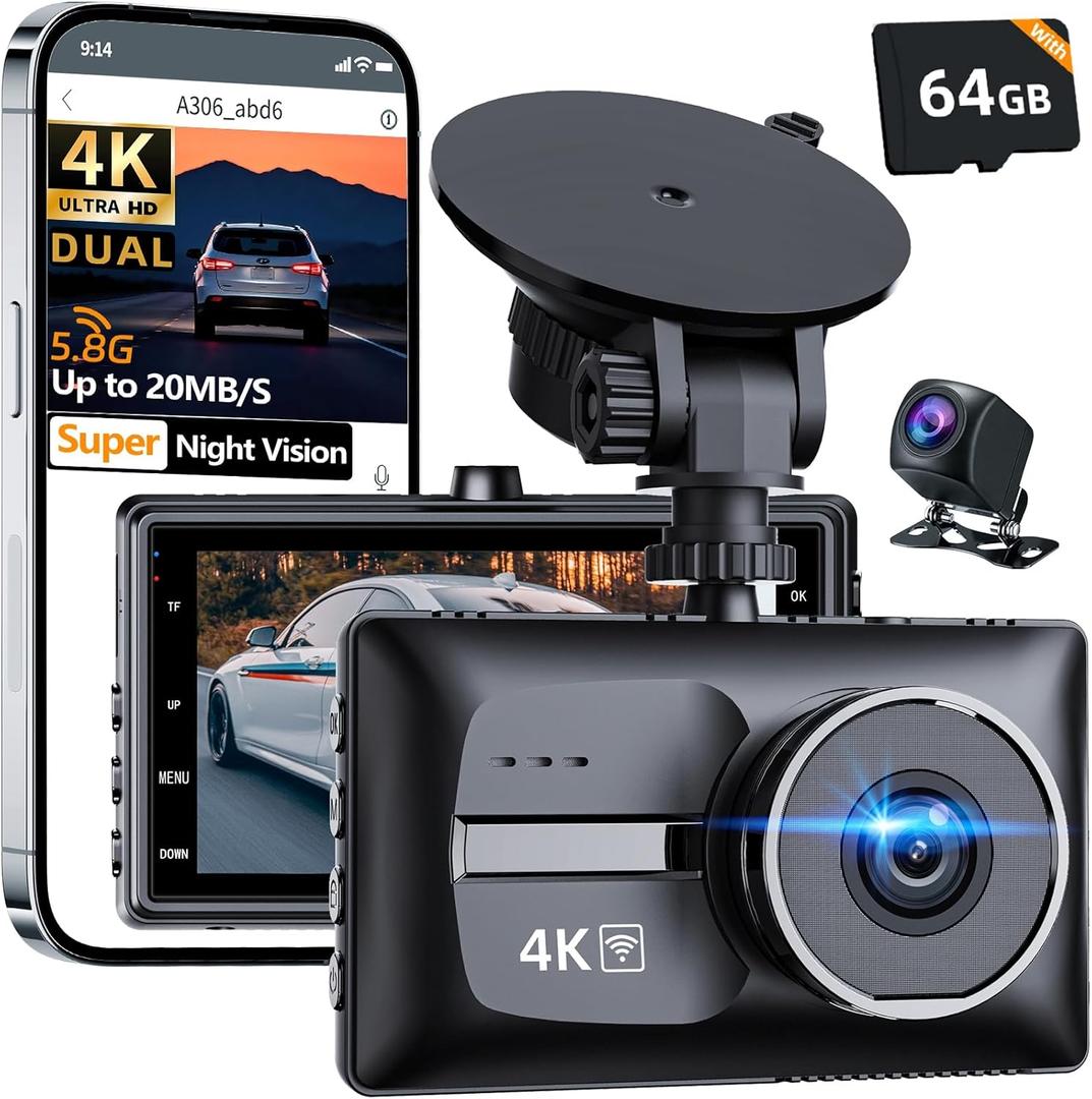 4K Front and FHD1080P Rear Dual Dash Cam Dash Camera,5.8G WiFi for Cars, 3.0" IPS Screen,UHD Night Vision 24H Parking, Dual 170 Wide Angle, WDR, G-Sensor,Free 64GB Card Can Supports 256GB Card Max