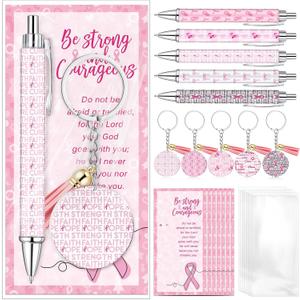 60 Set Breast Cancer Awareness Gifts Bulk Pink Ribbon Pens Keychains Motivational Cards Bags Breast Cancer Awareness Accessories Items for Women Survivor Charity Event Gift Supplies