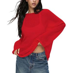 Cioatin Women Oversized Long Sleeve Sheer Mesh Knit Sweater Tops Y2K Summer Loose Hollow Out Pullover Jumper Shirt Beach Red (Red, S)