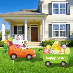 2 x Easter Decorations Outdoor, 2 Pieces Easter Yard Signs with Stakes, Cute Bunny Eggs Yard Lawn Decor with Carrot Truck, Happy Spring Welcome Yard Sign for Home Garden Outside Party Supplies