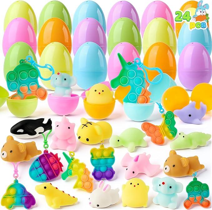 JOYIN Prefilled Easter Eggs with Assorted Toys, Filled with Mochi and pop Bubble Keychains, Easter Stuffed Toys for Kids to Egg Hunt, Kids Basket Stuffers, Party Favor, Classroom Prize