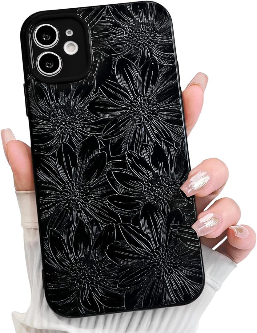 NITITOP Compatible with iPhone 11 Case Silicone Cute Flower Floral Sunflowers Pattern for Women Girl Trendy Slim Fit TPU Silicone Shockproof Full Camera Protection Cover - Black