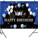 7x5ft Happy Birthday Backdrop Black White Balloon Theme Photography Background Glitter Blue Curtain Crown Fireworks Boys Kids Birthdays Party Banner Decorations Men Parties Photo Booth Prop (Color 1)