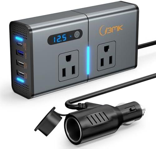 BMK 200W Car Power Inverter Newly Car Plug Adapter Outlet Charger DC 12V to 110V Car Inverter with 1.2A&2.4A USB, 1 QC3.0 USB and 1 Type C Ports Black