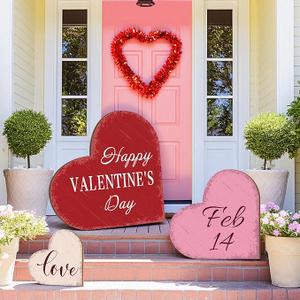 Burbell 3 Piece Valentines Decorations Outdoor Large Heart Wooden Porch Signs Valentines Wood Love Ornaments Sign for Front Door Home Farmhouse Garden Patio Wedding(Classic Style)