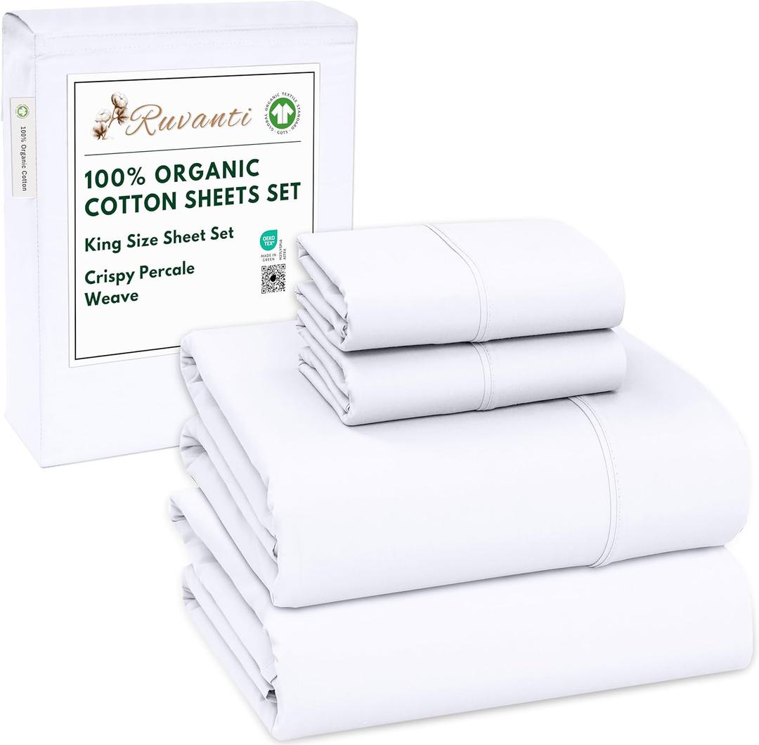 RUVANTI 100% Organic Cotton Sheets King Size, Percale Weave, GOTS Certified, 4-Piece Set, Deep Pocket 15", Crisp & Breathable, Soft Durable Bedding, Sbanas Algodn Orgnico  Bright White