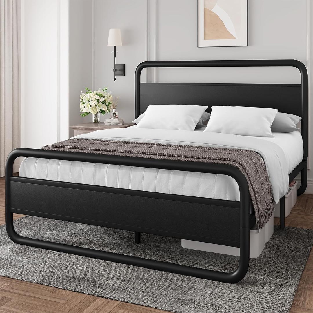 YITAHOME Queen Metal Bed Frame King Size with Headboard and Footboard Single Platform Mattress Base,Metal Tube and Iron-Art Bed,Black