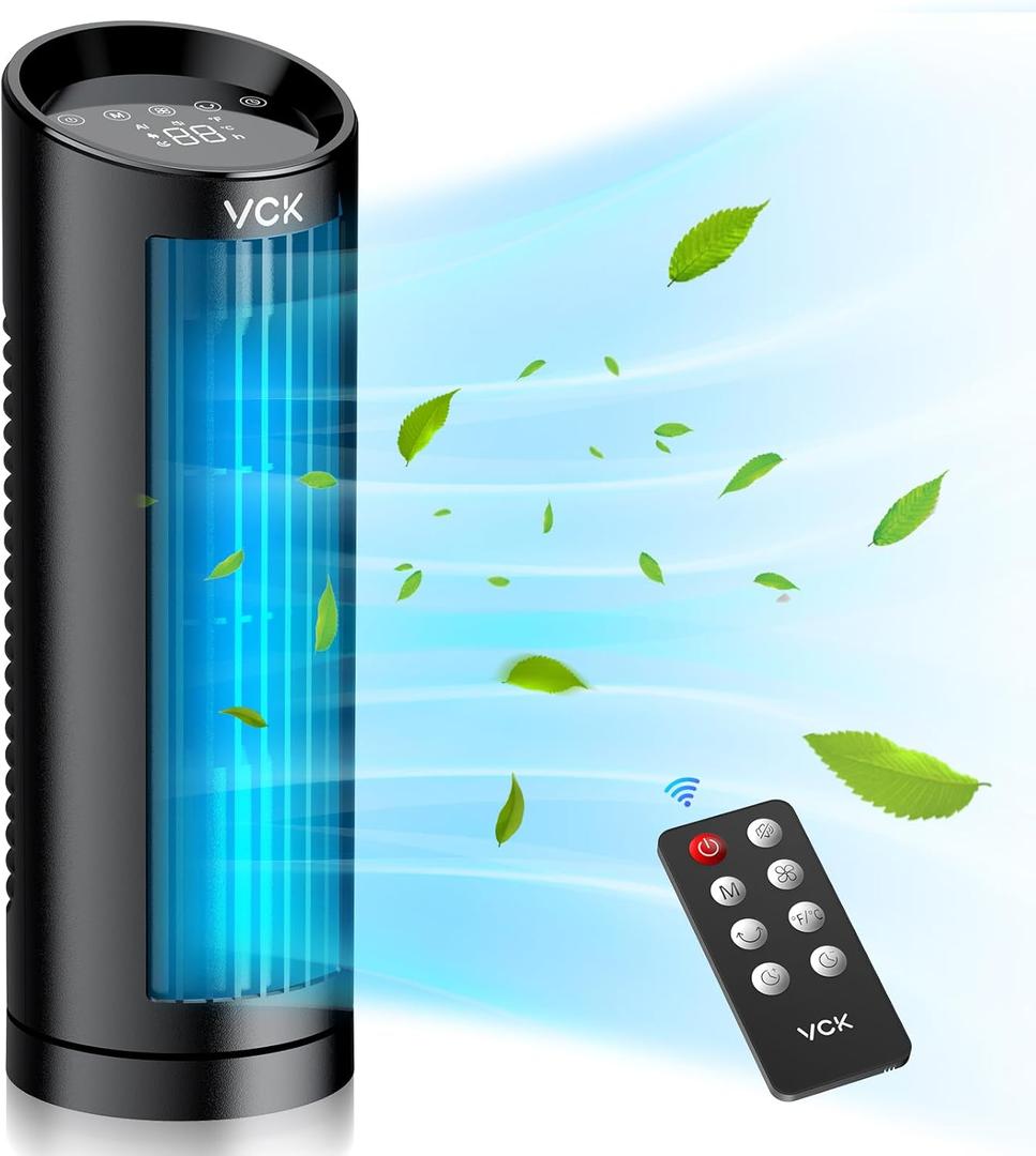 VCK Tower Fan, 80 Oscillating Fan with Remote Control, 13'' Portable Small Desk Fan, Adjustable 3 Speed, 12h Timer, 4 Mode, Personal Quiet Cooling Bladeless Table Fan For Bedroom Office Desktop