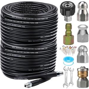 200FT Sewer Jetter Kit for Pressure Washer, 5800PSI Drain Cleaner Hose 1/4 Inch NPT Corner, Rotating and Button Hose Sewer Jetting Nozzle Pearl Corsage Pin Waterproof Tape with 2 Spanner