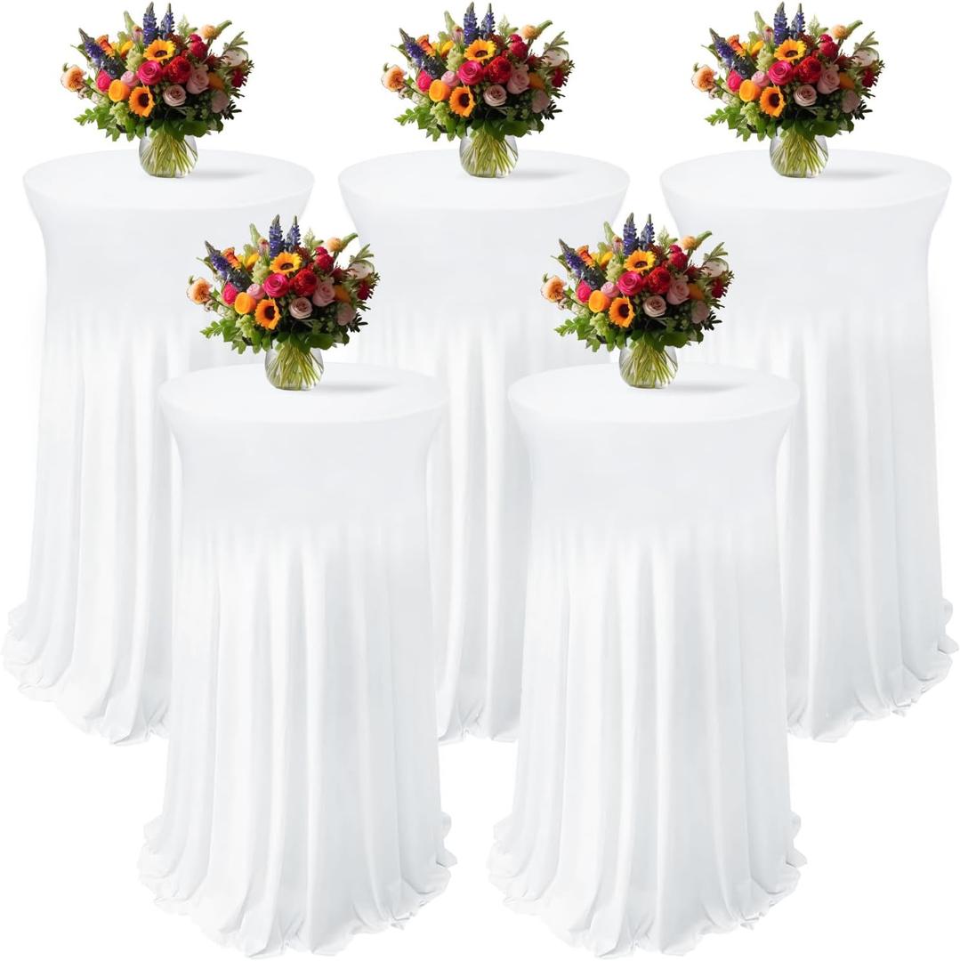 5 Pack White Round Spandex Cocktail Tablecloths with Skirt,32 x 43 Inch Stretch Cocktail Table Cloth & Spandex Table Cover for High Top Tables, Bars, Weddings, Parties & Banquets