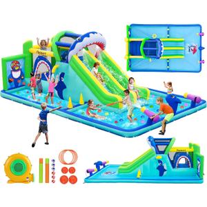 FBSPORT Inflatable Bounce House Water Slide Park, Double Slide Bouncer Castle with 550W Air Blower, Climbing Wall, Jumping Area, Toss Rings, Basketball, Splash, Bouncy House for Backyard Outdoor