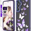 DagoRoo for Galaxy S24 5G Case with Tempered Glass Screen Protector,Samsung S24 5G [Military Grade Protective] Slim Soft TPU & Hard PC,Girls Women Crystal Clear Flower Pattern Cases-Purple Butterfly 2 Pack