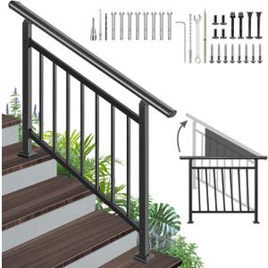 Adjustable Handrails for Outdoor Steps Black Metal Stair Railing with Flexible Angle Design, Outdoor Handrail Fits 1 to 4 Steps or Horizontal Use, Wrought Iron Hand Rails with Installation Kit