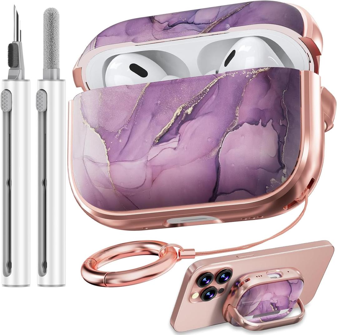 Inesore for AirPods Pro 2nd Generation Case Cover with Lock, Flowers Cute Air Pods Pro 2 Case Hard iPod Pro Cases for Women Girls with Cleaner Kit (2023 USB-C /2022/2019) -Purple Gold Marble