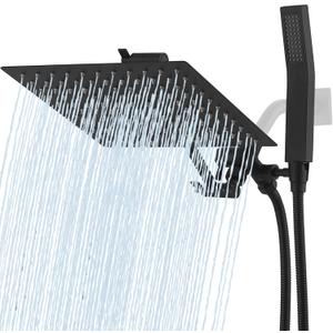 All Metal 10 Inch Rain Shower Head with Handheld Spray Combo, Waterfall Rainfall High Pressure Square Shower Heads with Adjustable Extension Arm, 70" Flexible Hose, 3-Way Diverter(Matte Black)