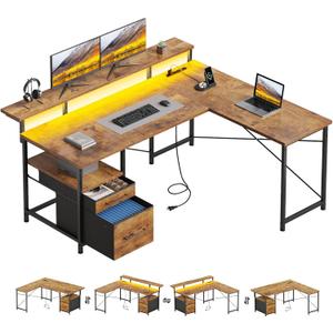 63" Gaming Desk with LED Lights, L Shaped Desk with Monitor Stand, Computer Desk with Drawers, PC Desk with Outlets, Office Desk with Monitor Stand, Rustic Brown