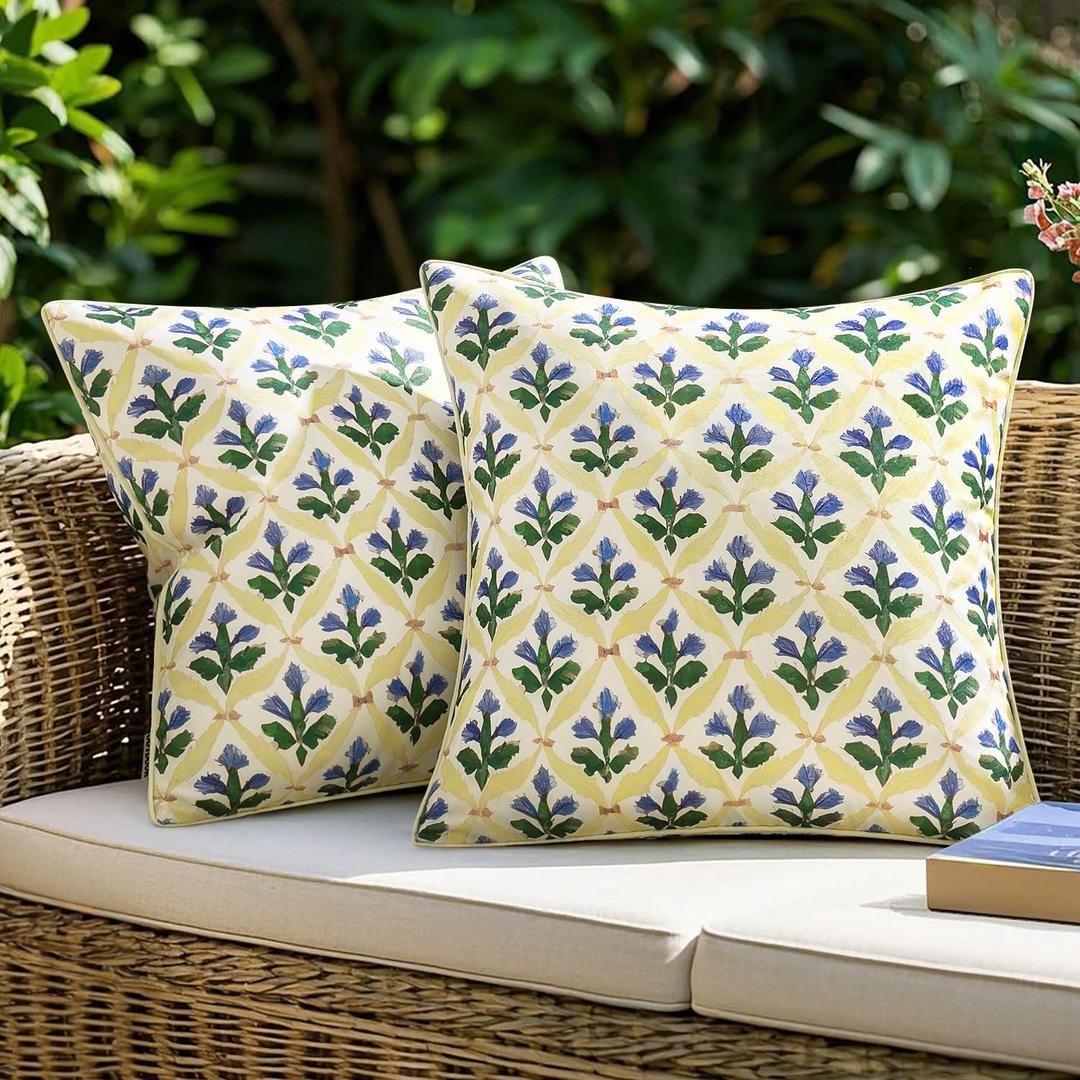 MIULEE Floral Decorative Pillow Covers Set of 2,Block Print Throw Pillowcases Outdoor Boho Farmhouse Vintage Summer Accent Cushion Covers for Couch paito Garden Sofa Bed 18x18 Inch, Yellow-Blue