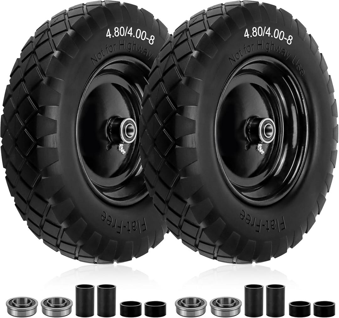 4.80/4.00-8" Flat-Free Solid Tire and Wheel, 16" Solid Wheelbarrow Tires with 5/8" or 3/4" Bearings, 3-7" Centered Hub 4.80/4.00-8 Tire and Wheel for Wheelbarrow Garden Trolley and Wagons