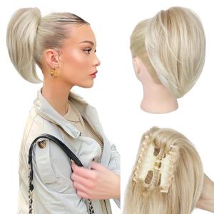 Ponytail Extension - 10" Short Claw Clip in Ponytail Hair Extensions Messy Bun Hair Piece Natural Soft Synthetic Straight Pony Tail Hair Pieces for Women - Dark Blonde with Light Ends